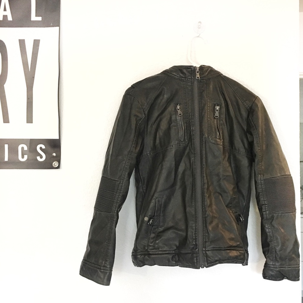 Black leather hoodie with grey zippers size large